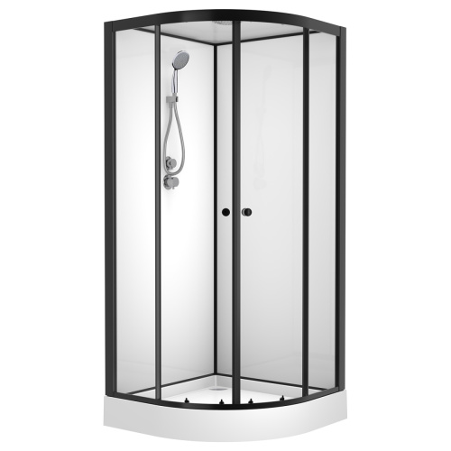 Душевая кабина Loranto NEO 90x90x(190+15) с низким поддоном 15см, прозрачное закаленное стекло 5 мм, задние стеклянные стенки белые, профиль черный-матовый