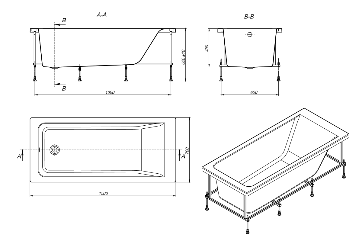 Ванна акриловая Roca Easy прямоугольная 150x70x45