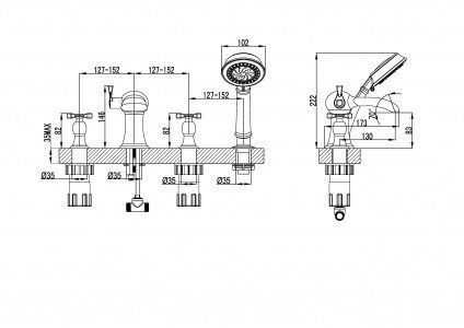 Смеситель для ванны, встраиваемый, на 4 отверстия, с аксессуарами, хром 