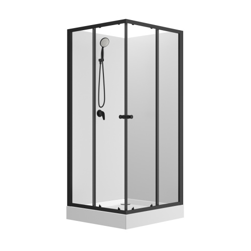 Душевая кабина Loranto NEO 100x100x(190+15) c низким поддоном 15см, прозрачное закаленное стекло 5 мм,задние стеклянные стенки белые, профиль черный-матовый