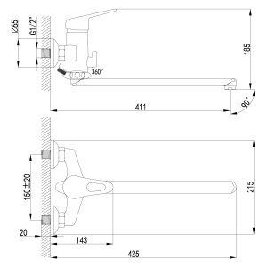 Смеситель универсальный с плоским изливом 350 мм, керамич. картридж 40 мм Sedal, перекл. с керамич.  
