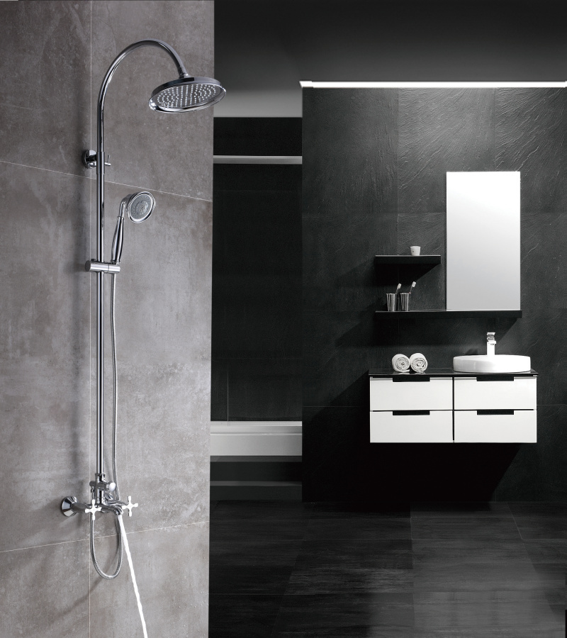 Смеситель для ванны с верхней душевой лейкой "Тропический дождь", фиксированный излив, хром 