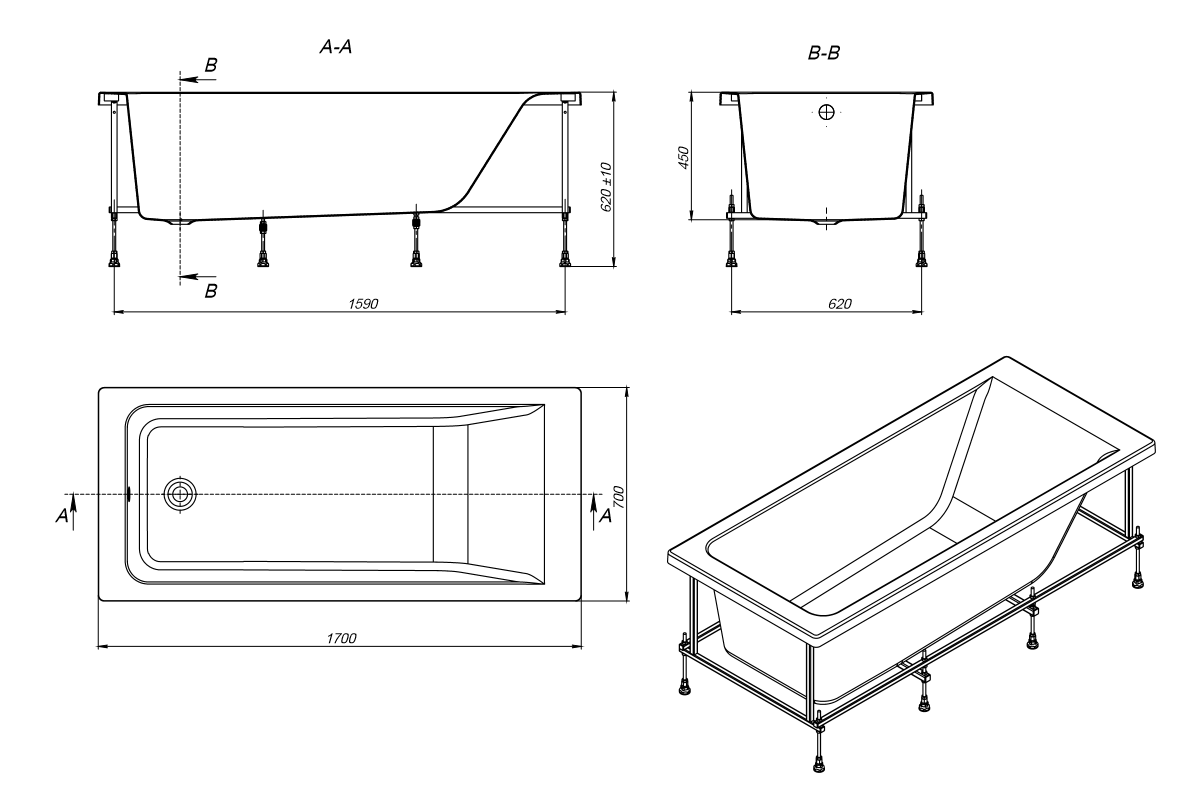Ванна акриловая Roca Easy прямоугольная 170x70x45