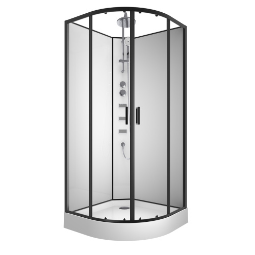Душевая кабина Loranto NEO 90x90x(190+15) с низким поддоном 15см, прозрачное закаленное стекло 5 мм, задние стеклянные стенки белые, профиль черный-матовый