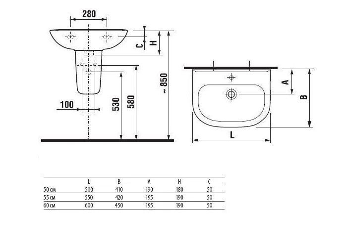 Раковина подвесная Roca Access 550x420, 1 отверстие 